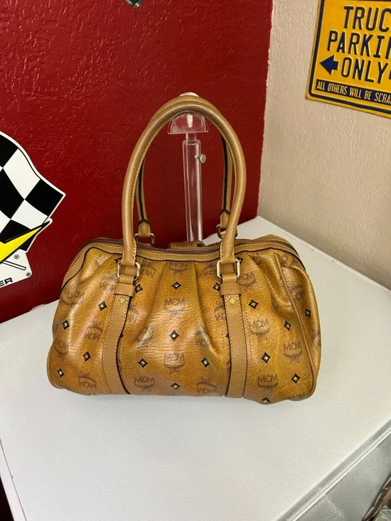 MCM Cognac Logo Visetos Barrel Satchel with Gold Plaque - Picture 3 of 14